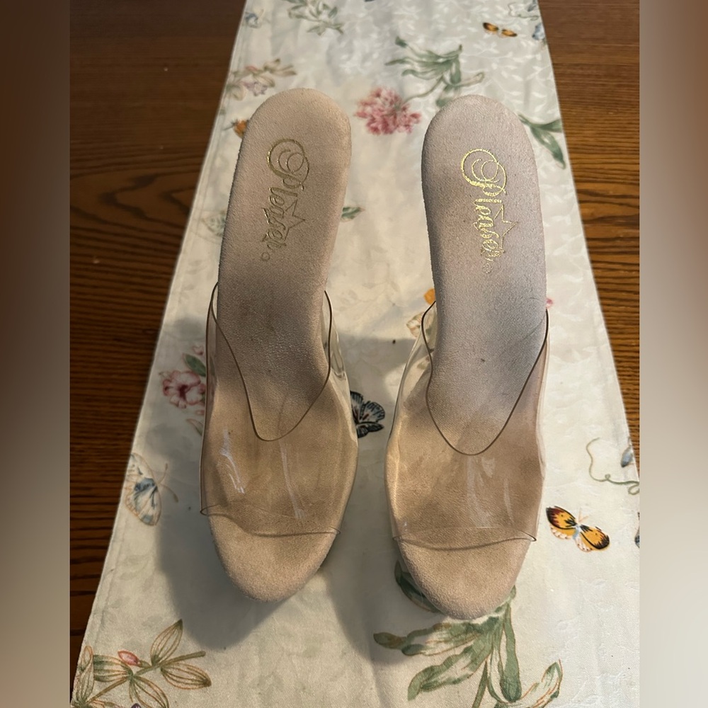 Pleaser Clear Strap Nude Slide Heels